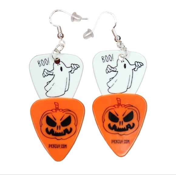 White Boo Ghost Orange Scary Pumpkin Guitar Pick Earrings Sterling Silver - Picture 1 of 4
